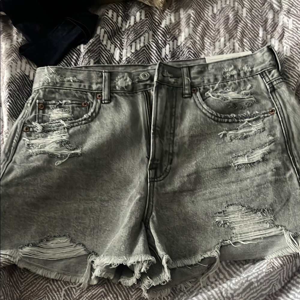 American Eagle Gray Distressed Jean Shorts with Raw Hem